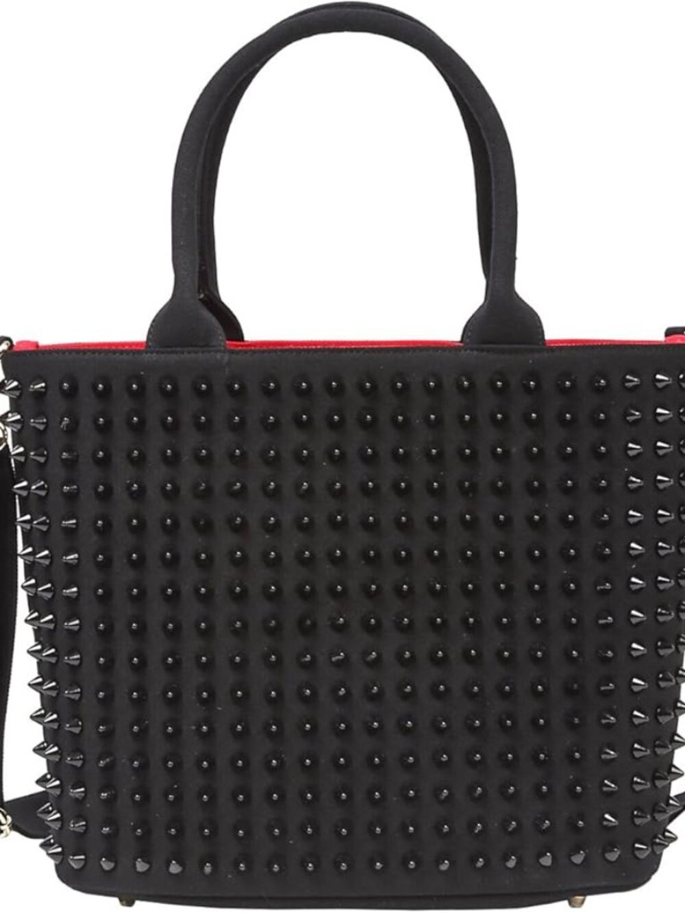 Trendy Black Studded Tote Bag with Bold Red Interior
